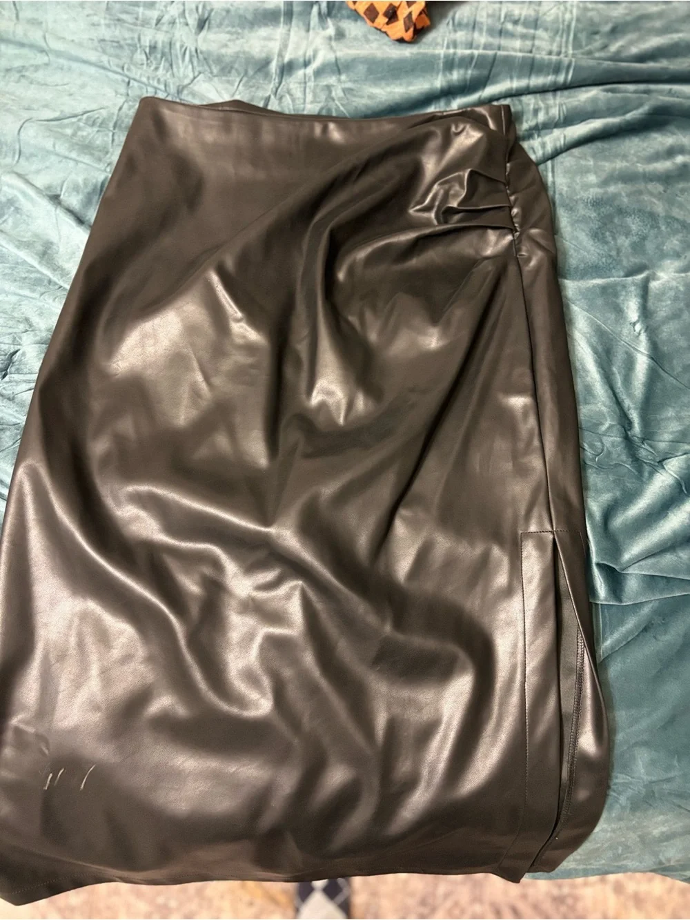Commense Black Faux Leather Midi Skirt with Side Draping